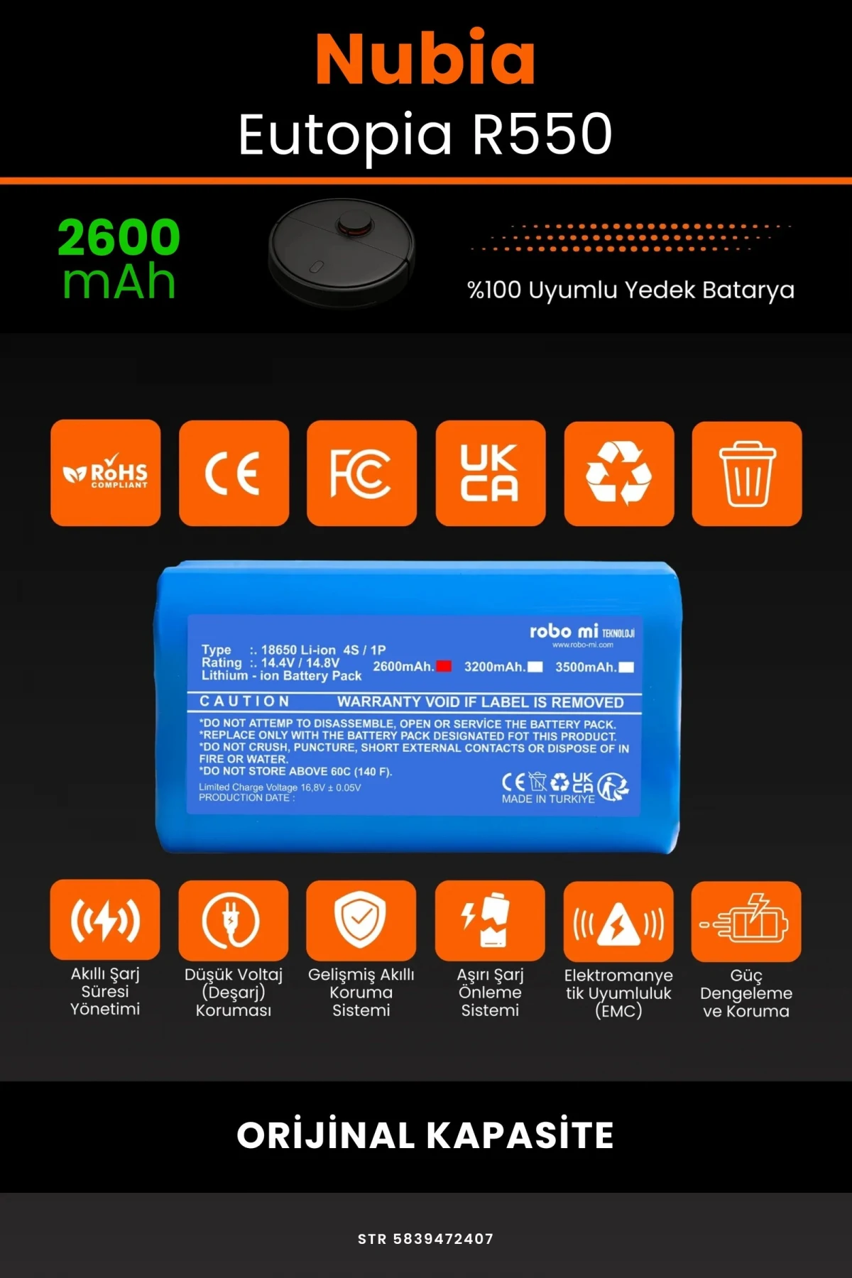 Nubia Eutopia R550 2600mAh Robot Süpürge Bataryası - Gerçek Kapasite, Maksimum Güvenlik