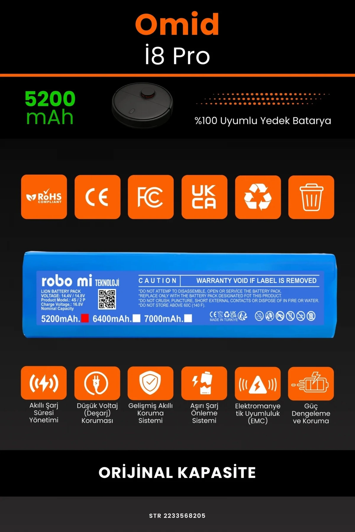 Omid İ8 Pro 5200mAh Robot Süpürge Bataryası - Gerçek Kapasite, Maksimum Güvenlik