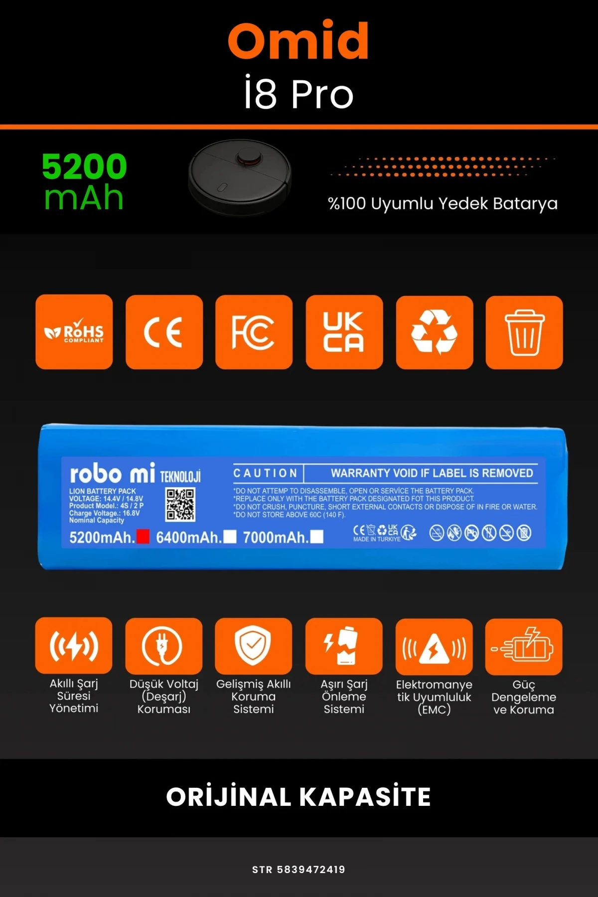 Omid İ8 Pro 5200mAh Robot Süpürge Bataryası - Gerçek Kapasite, Maksimum Güvenlik