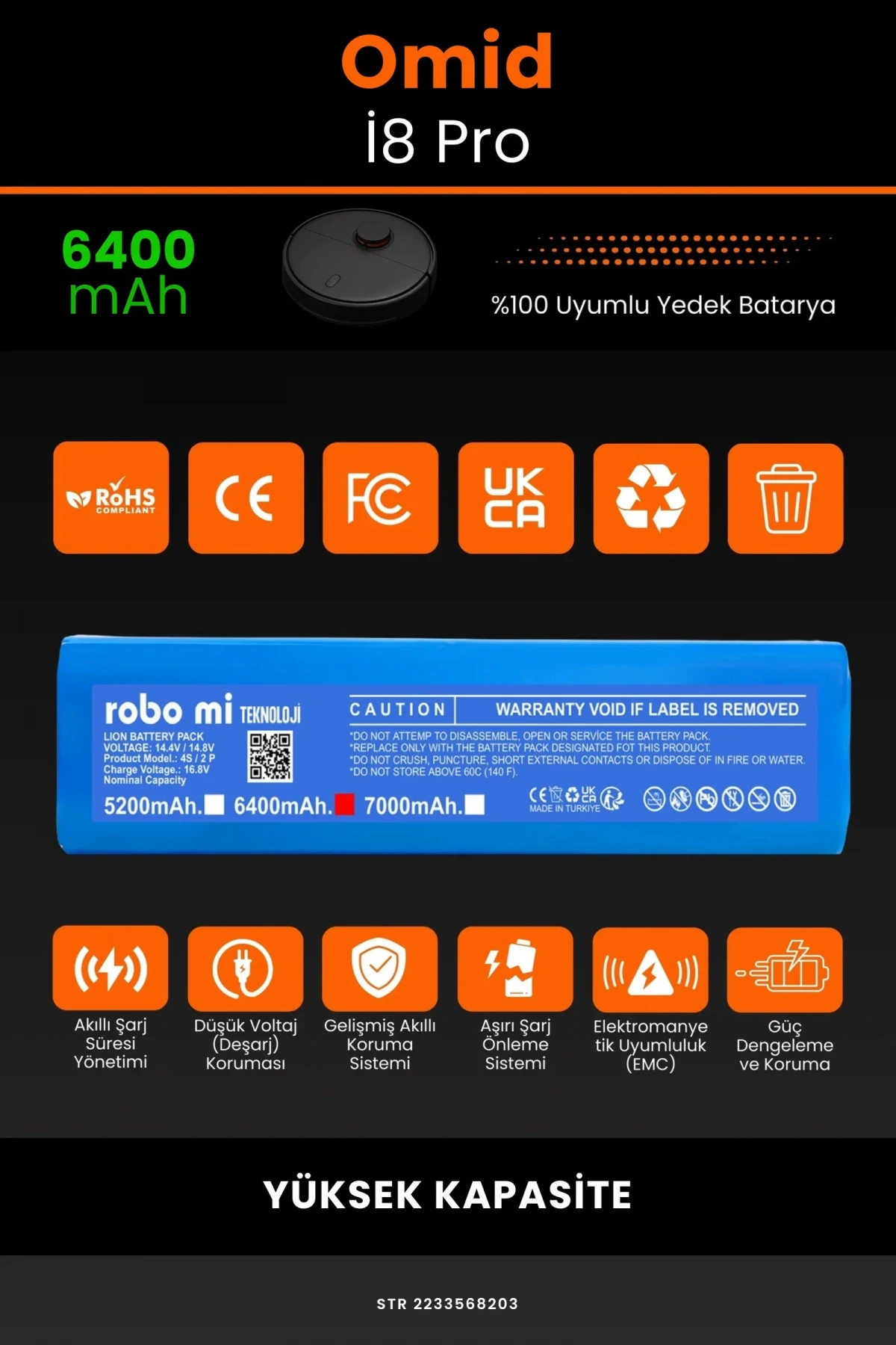 Omid İ8 Pro 6400mAh Robot Süpürge Bataryası - Gerçek Kapasite, Maksimum Güvenlik
