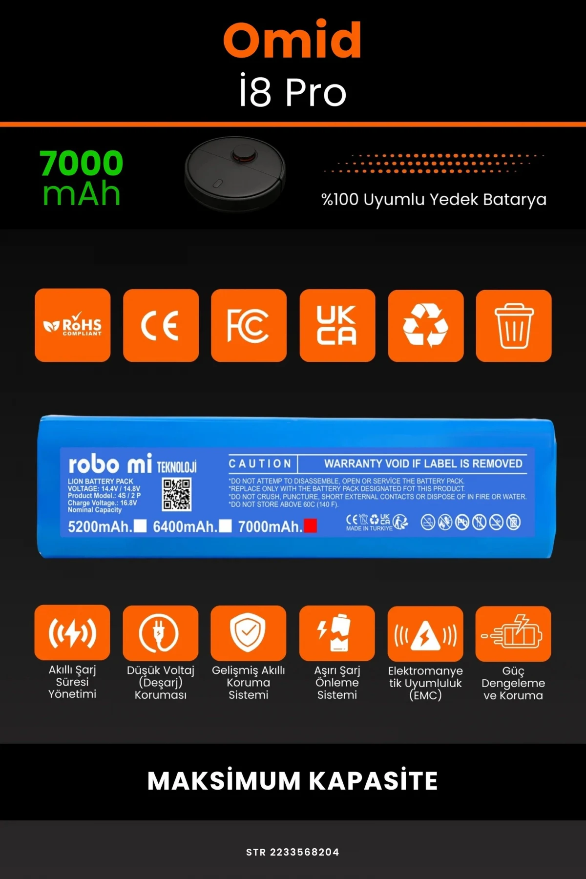 Omid İ8 Pro 7000mAh Robot Süpürge Bataryası - Gerçek Kapasite, Maksimum Güvenlik