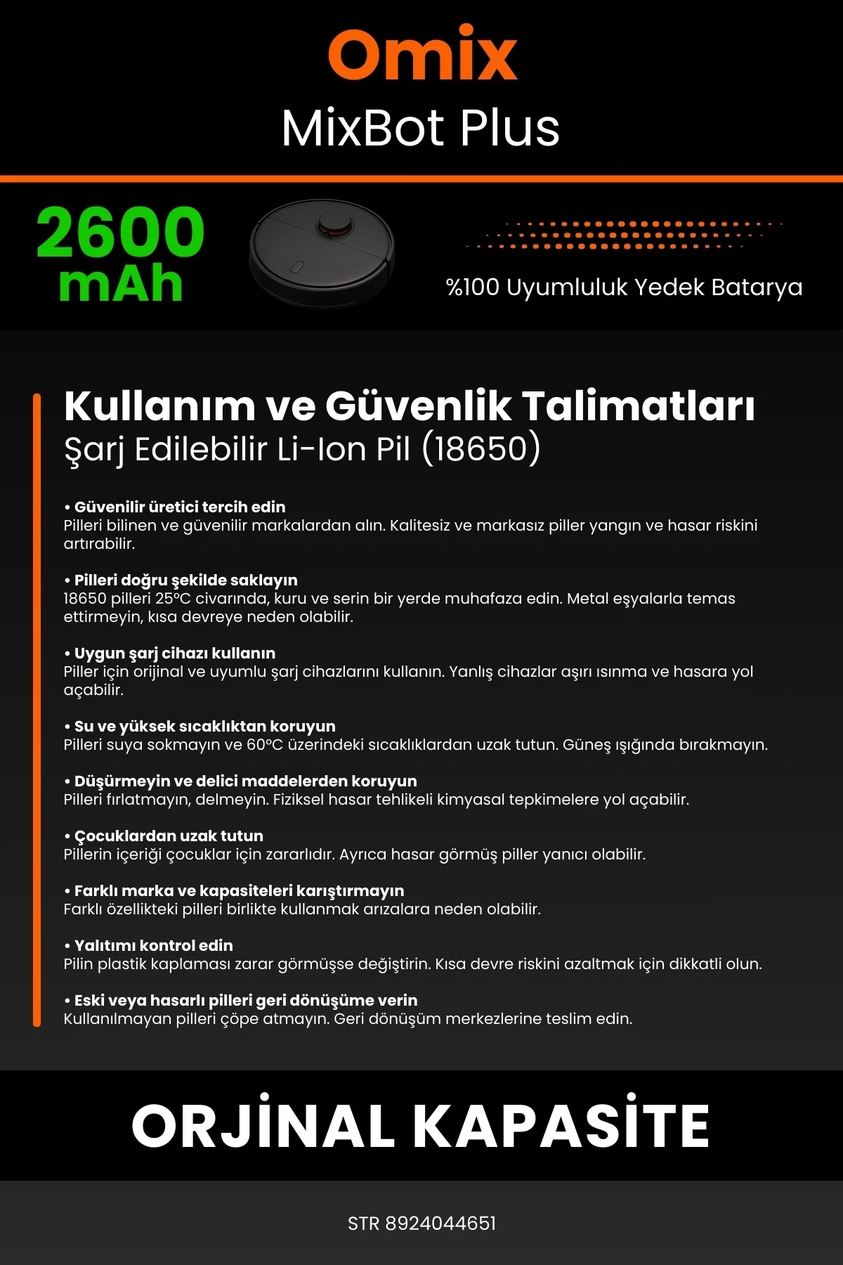 Omix MixBot Plus 2600mAh Robot Süpürge Bataryası - Gerçek Kapasite, Maksimum Güvenlik