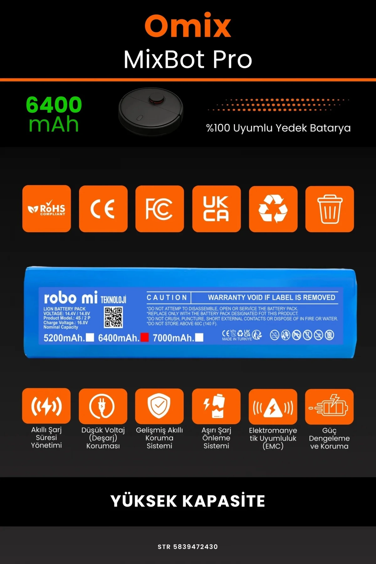 Omix MixBot Pro 6400mAh Robot Süpürge Bataryası - Gerçek Kapasite, Maksimum Güvenlik