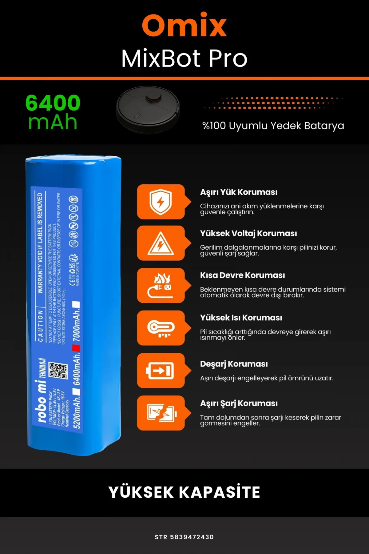 Omix MixBot Pro 6400mAh Robot Süpürge Bataryası - Gerçek Kapasite, Maksimum Güvenlik