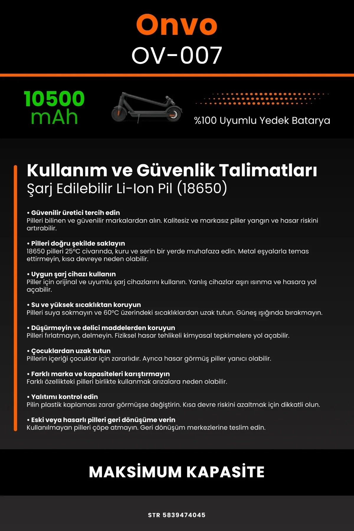 Onvo OV-007 / 36V 10500mAh Elektrikli Scooter Bataryası - Gerçek Kapasite, Maksimum Güvenlik