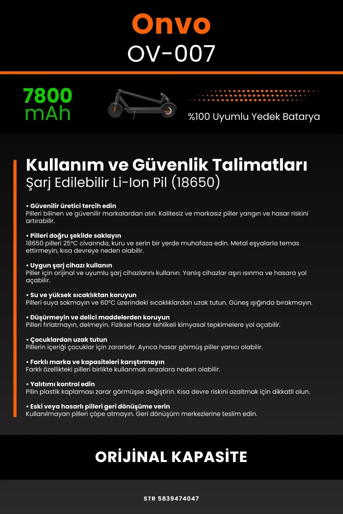 Onvo OV-007 / 36V 7800mAh Elektrikli Scooter Bataryası - Gerçek Kapasite, Maksimum Güvenlik