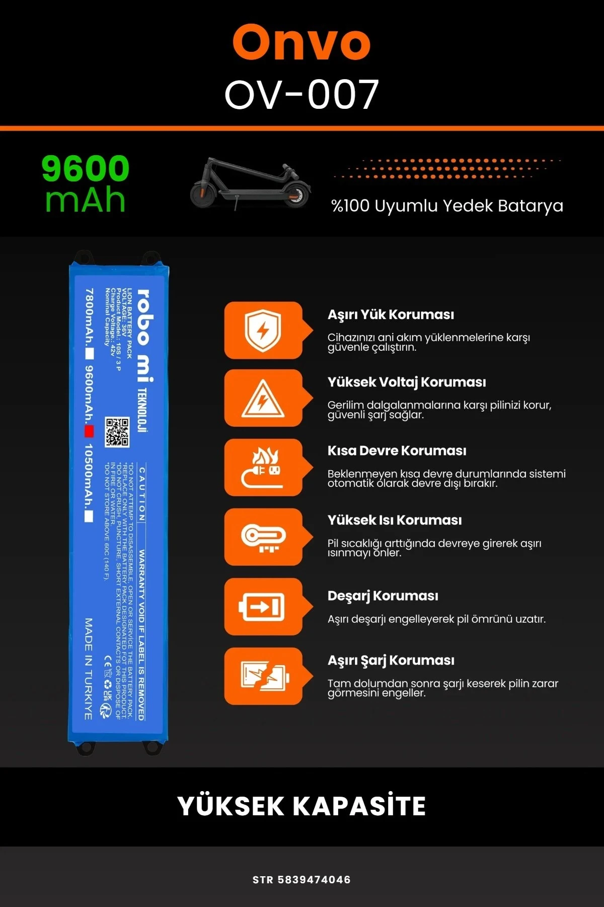 Onvo OV-007 / 36V 9600mAh Elektrikli Scooter Bataryası - Gerçek Kapasite, Maksimum Güvenlik