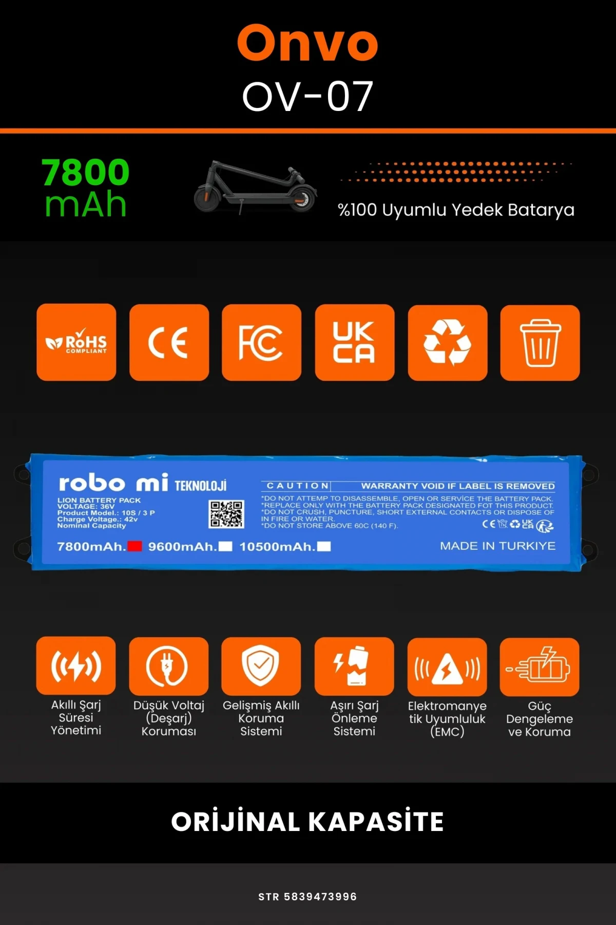 Onvo OV-07 / 36V 7800mAh Elektrikli Scooter Bataryası - Gerçek Kapasite, Maksimum Güvenlik