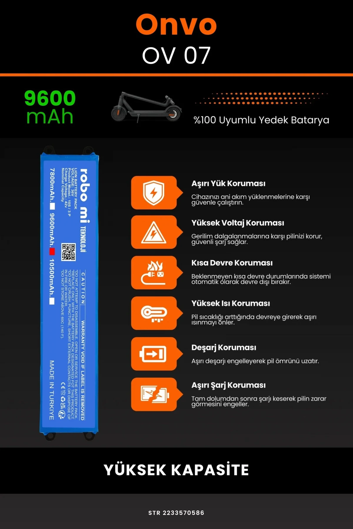 Onvo OV-07 / 36V 9600mAh Elektrikli Scooter Bataryası - Gerçek Kapasite, Maksimum Güvenlik