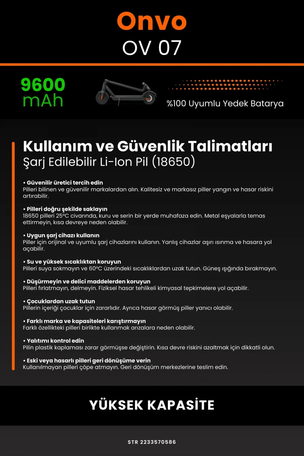 Onvo OV-07 / 36V 9600mAh Elektrikli Scooter Bataryası - Gerçek Kapasite, Maksimum Güvenlik