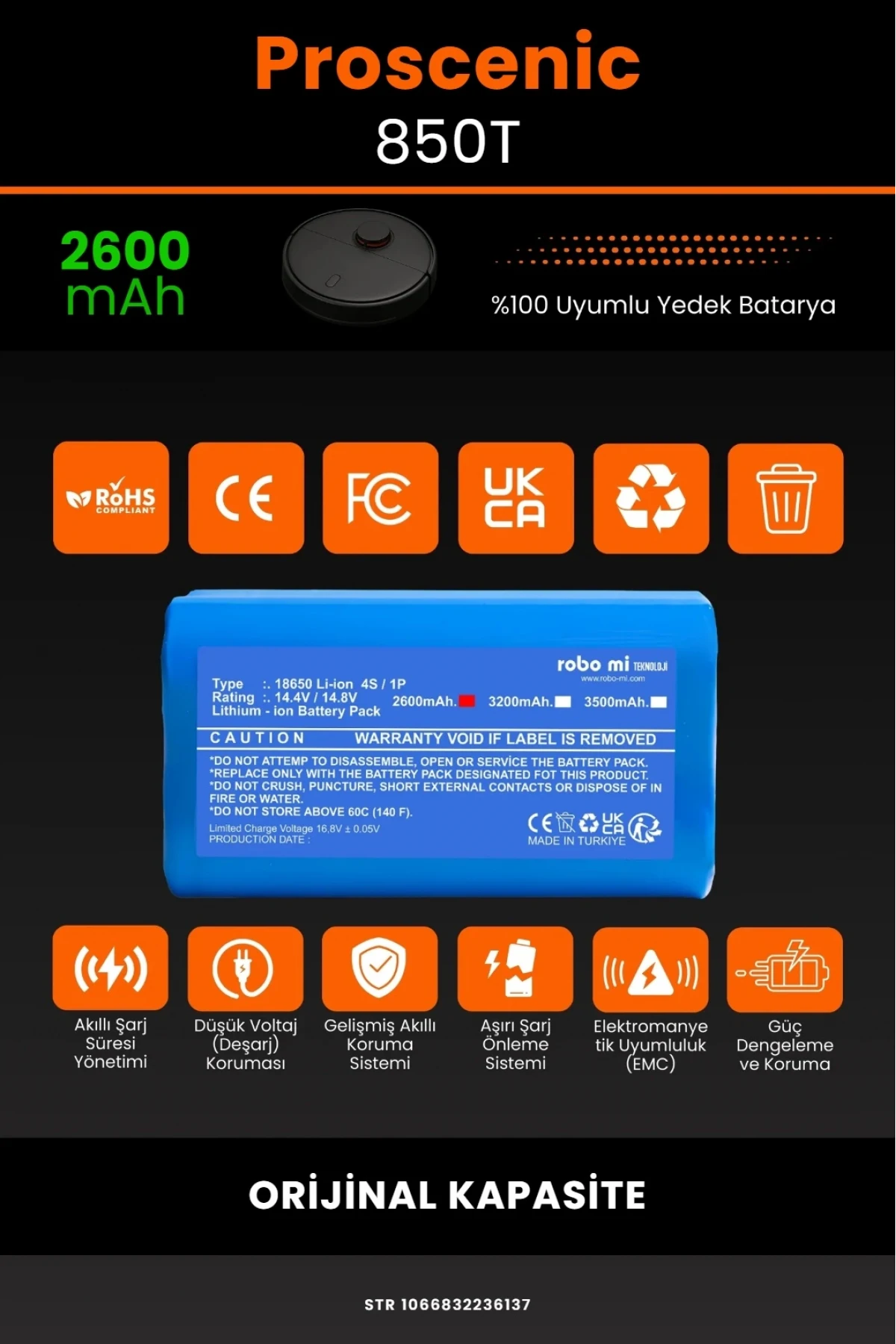 Proscenic 850T Uyumlu 2600mAh Orijinal Kapasiteli Lityum Batarya - Pil