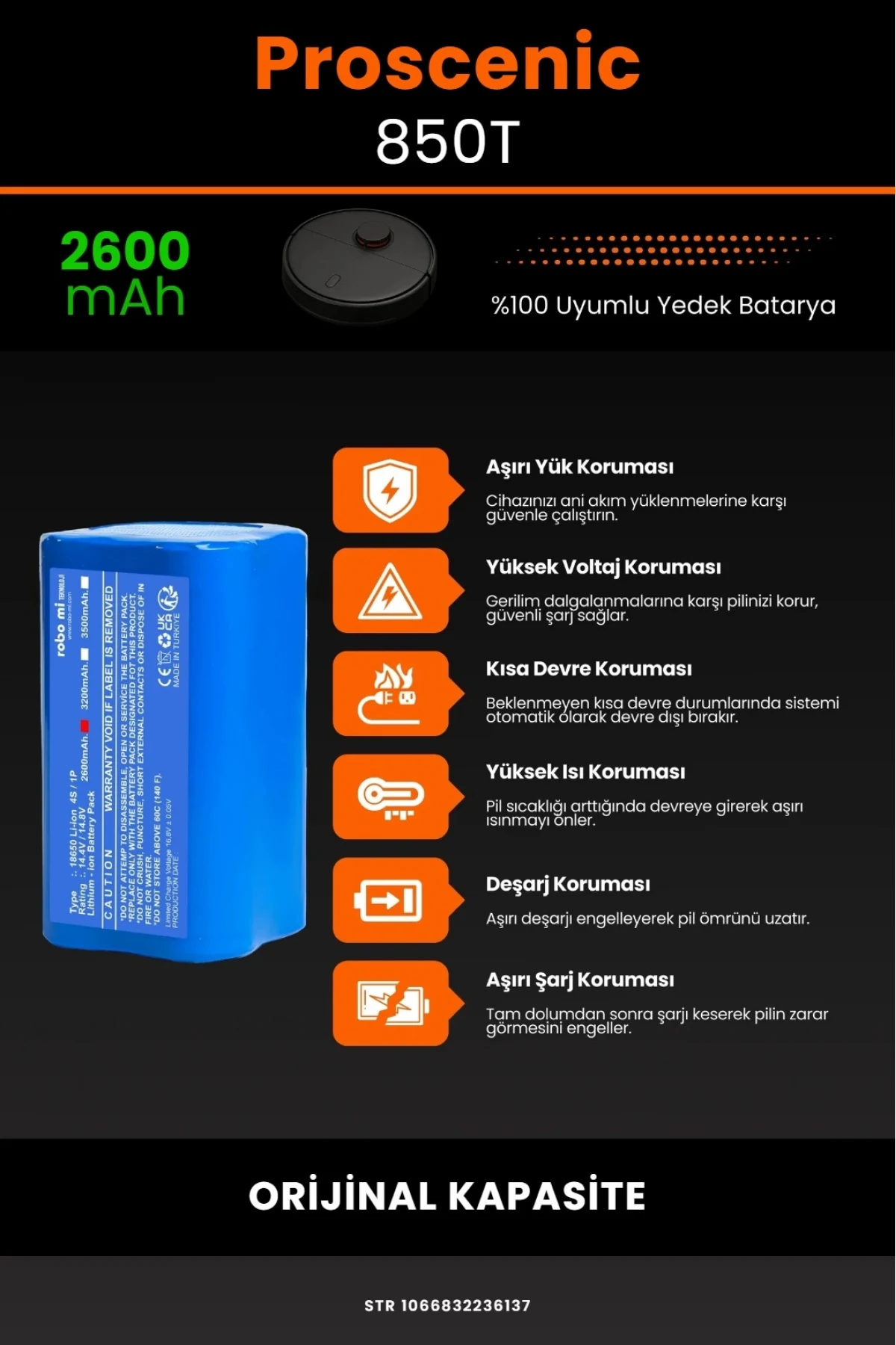 Proscenic 850T Uyumlu 2600mAh Orijinal Kapasiteli Lityum Batarya - Pil
