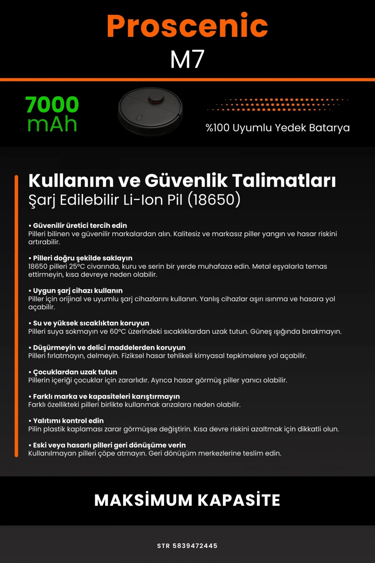 Proscenic M7 7000mAh Robot Süpürge Bataryası - Gerçek Kapasite, Maksimum Güvenlik