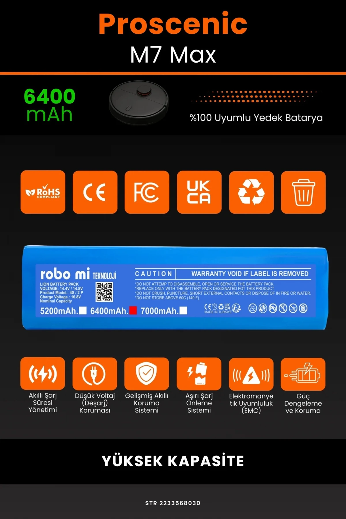 Proscenic M7 Max 6400mAh Robot Süpürge Bataryası - Gerçek Kapasite, Maksimum Güvenlik
