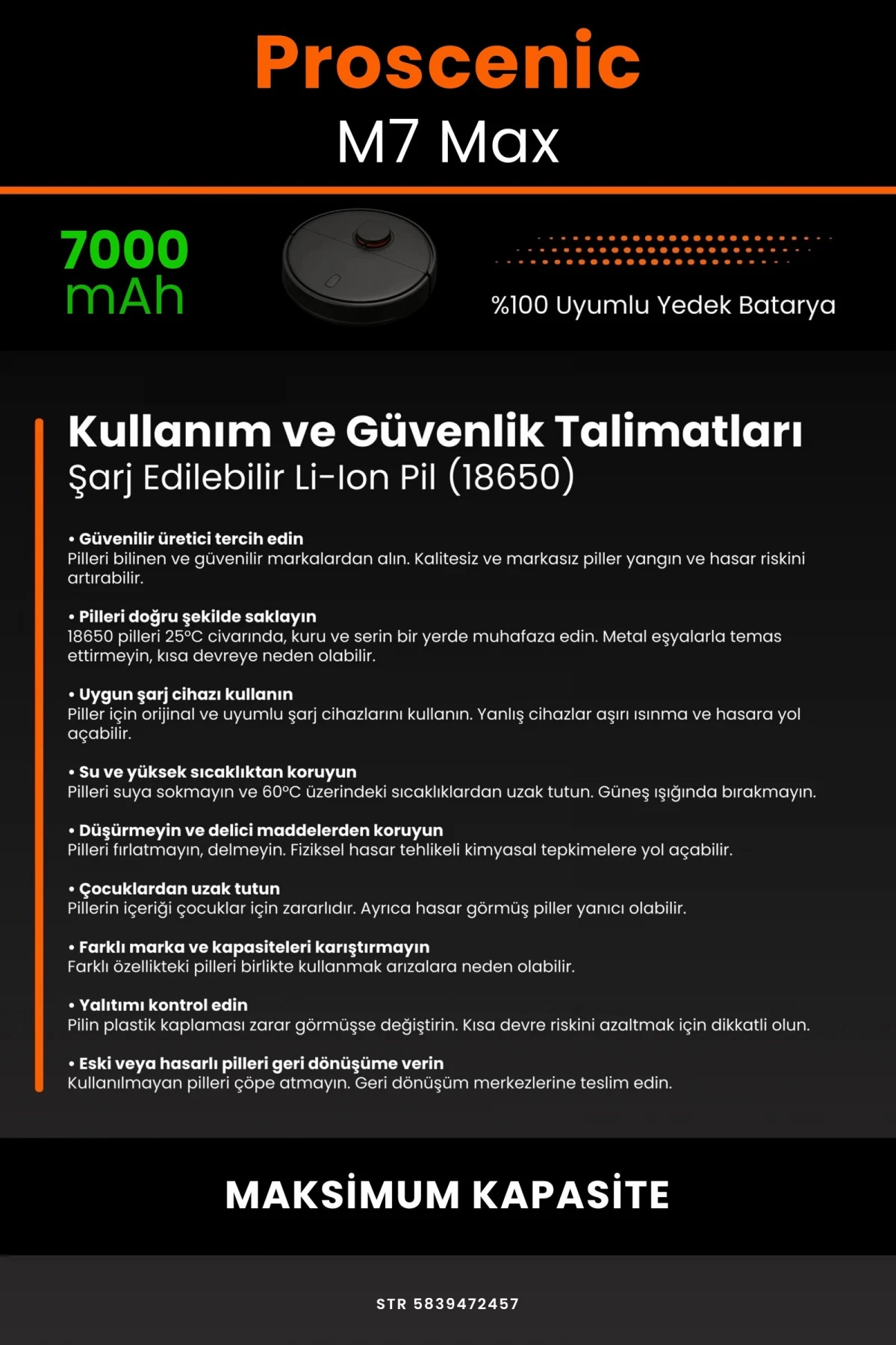 Proscenic M7 Max 7000mAh Robot Süpürge Bataryası - Gerçek Kapasite, Maksimum Güvenlik