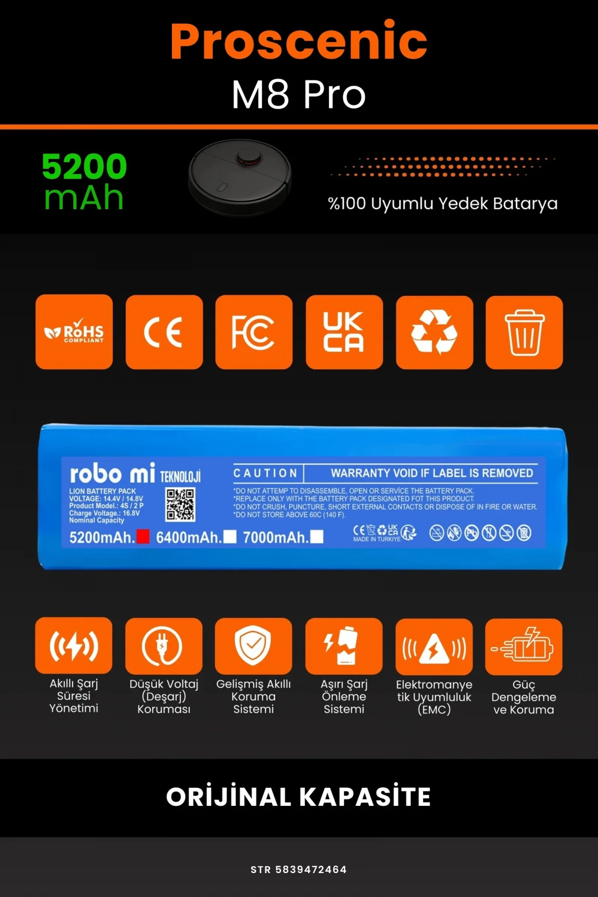 Proscenic M8 Pro 5200mAh Robot Süpürge Bataryası - Gerçek Kapasite, Maksimum Güvenlik