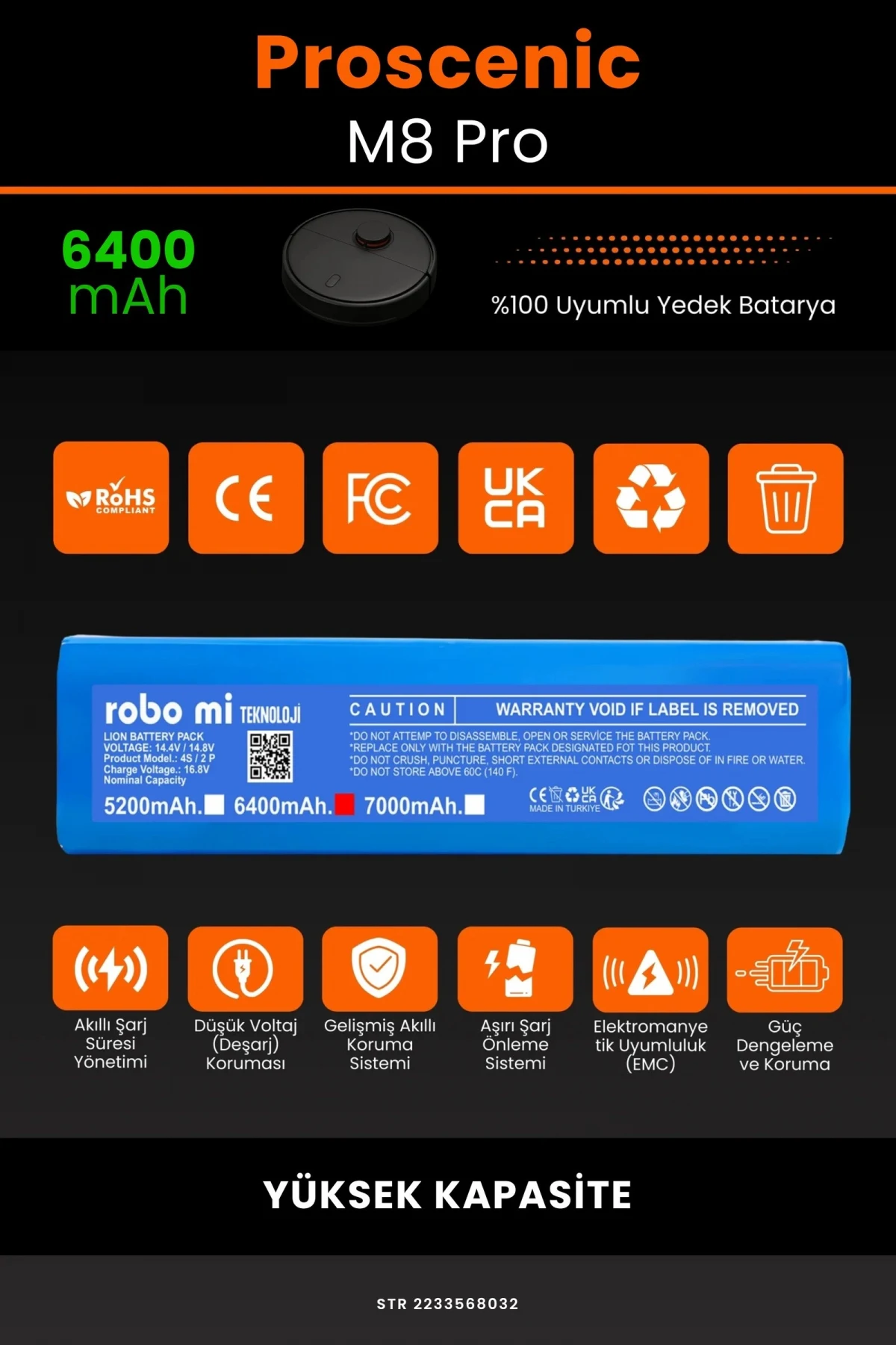 Proscenic M8 Pro 6400mAh Robot Süpürge Bataryası - Gerçek Kapasite, Maksimum Güvenlik