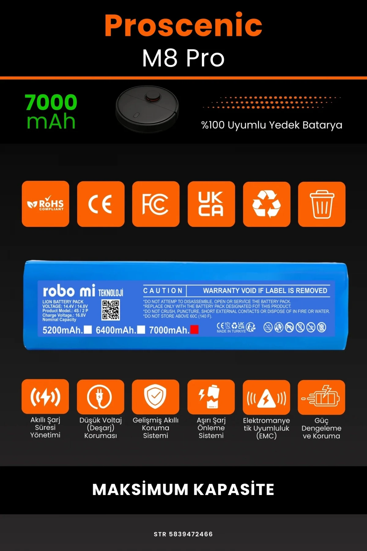 Proscenic M8 Pro 7000mAh Robot Süpürge Bataryası - Gerçek Kapasite, Maksimum Güvenlik