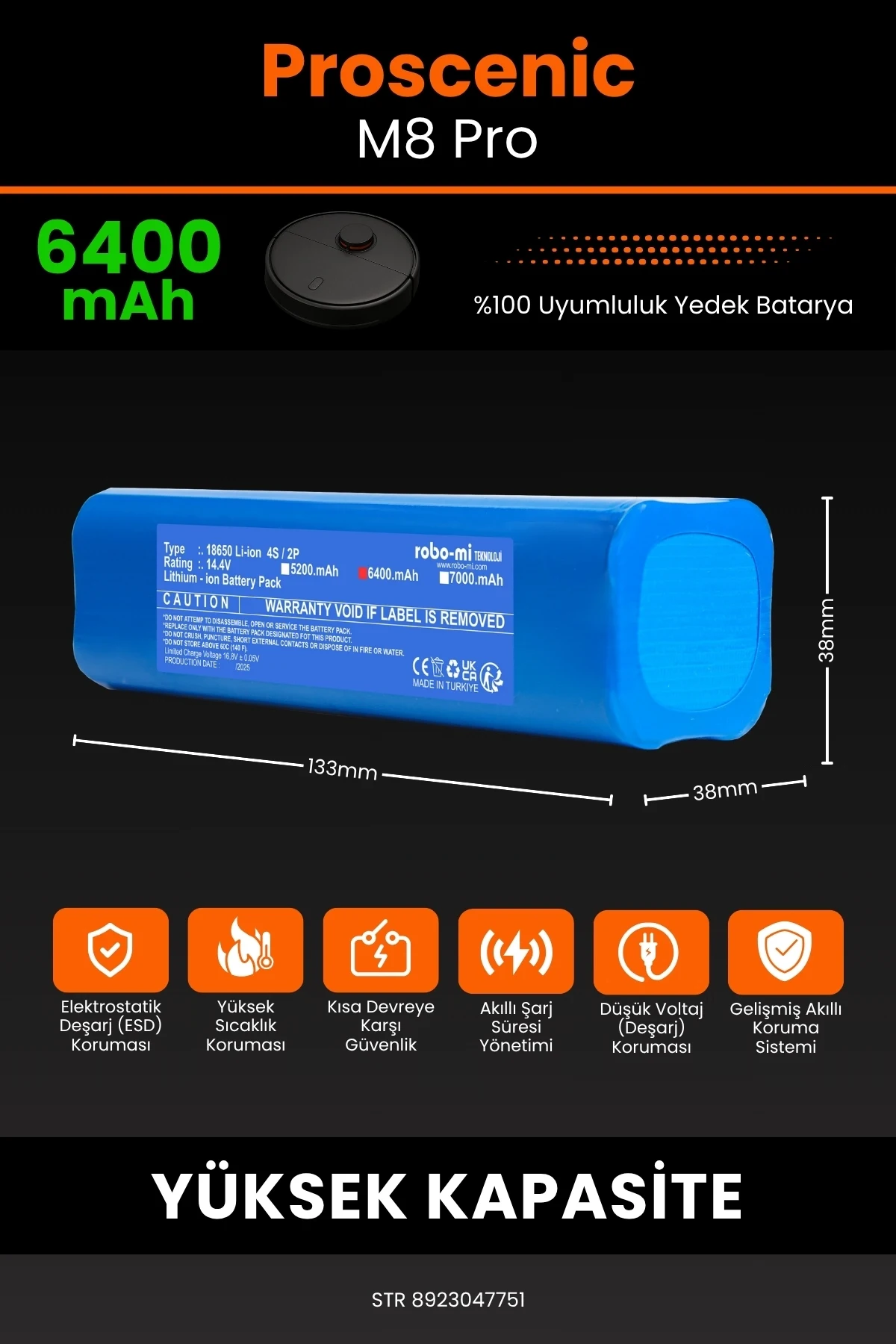 Proscenic M8 Pro Uyumlu 6400mAh Robot Süpürge Bataryası - Yüksek Kapasite