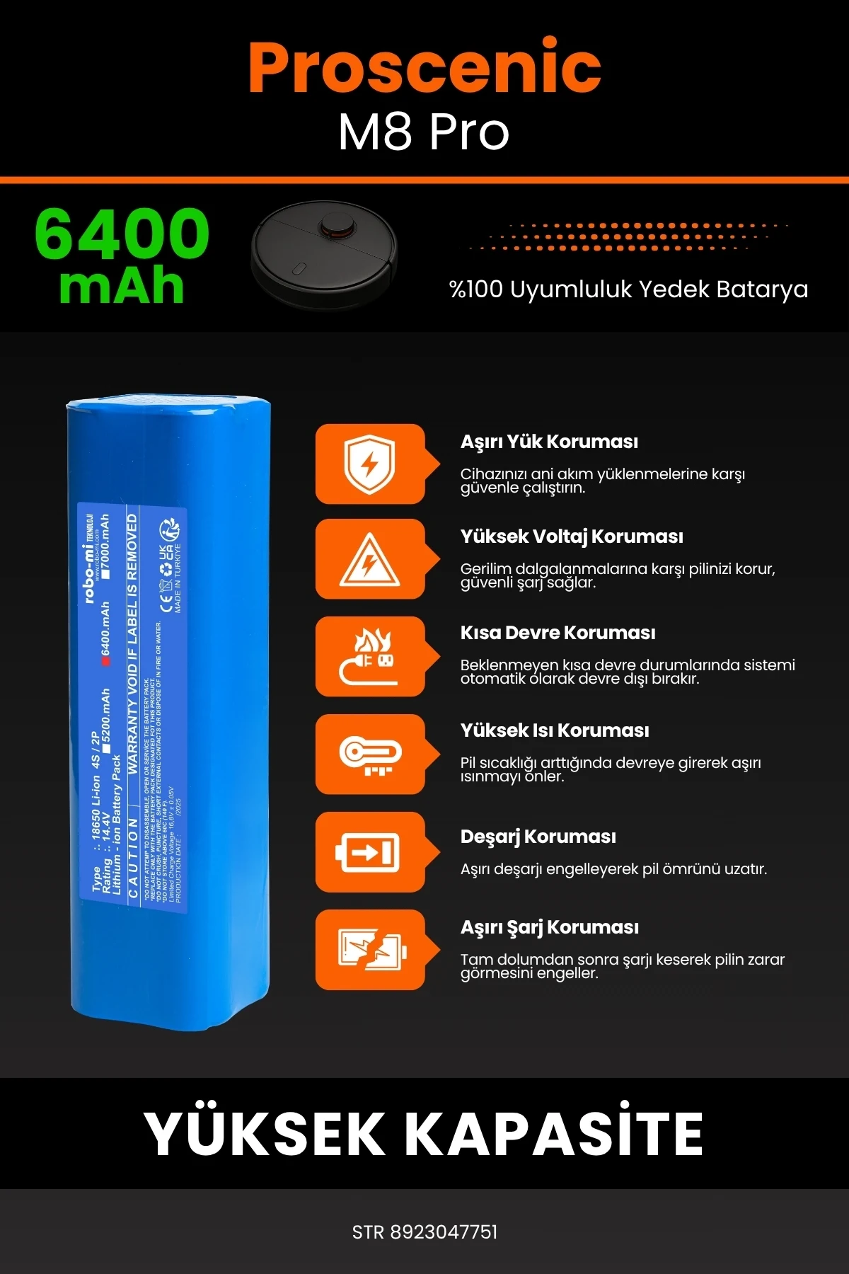 Proscenic M8 Pro Uyumlu 6400mAh Robot Süpürge Bataryası - Yüksek Kapasite