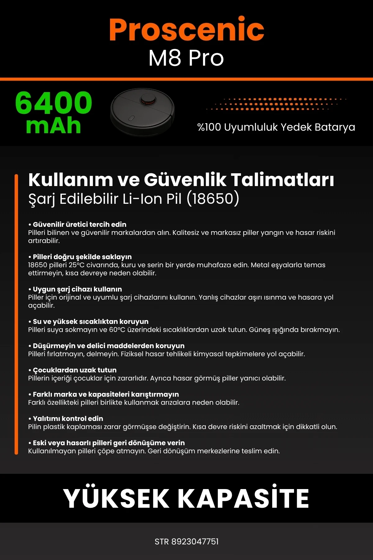 Proscenic M8 Pro Uyumlu 6400mAh Robot Süpürge Bataryası - Yüksek Kapasite
