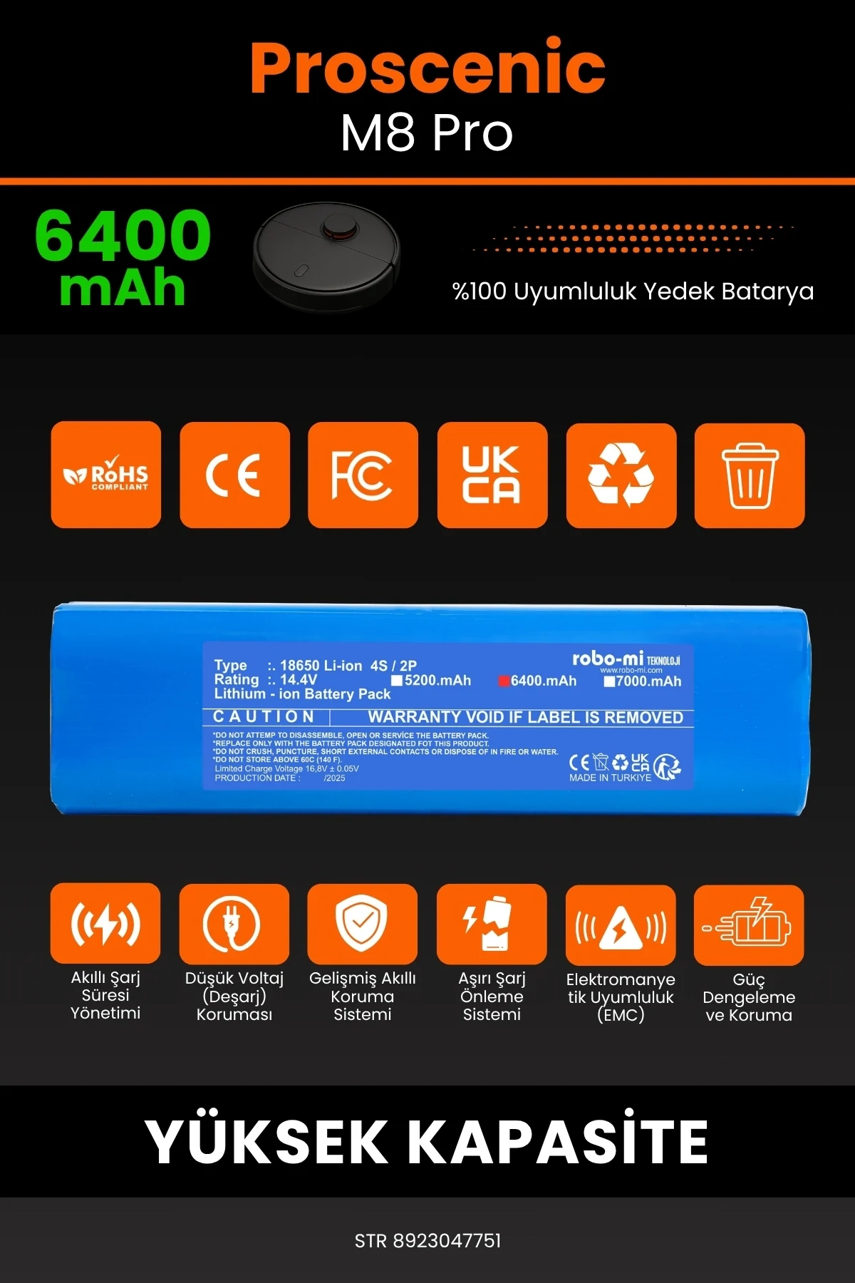 Proscenic M8 Pro Uyumlu 6400mAh Robot Süpürge Bataryası - Yüksek Kapasite