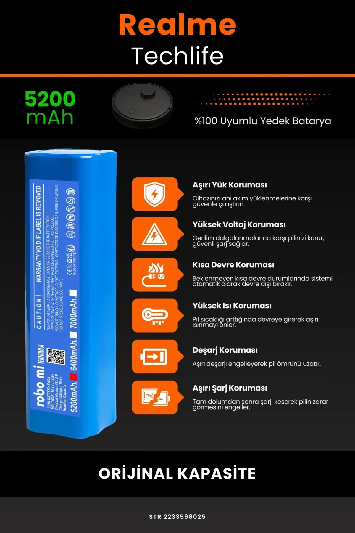 Realme Techlife 5200mAh Robot Süpürge Bataryası - Gerçek Kapasite, Maksimum Güvenlik