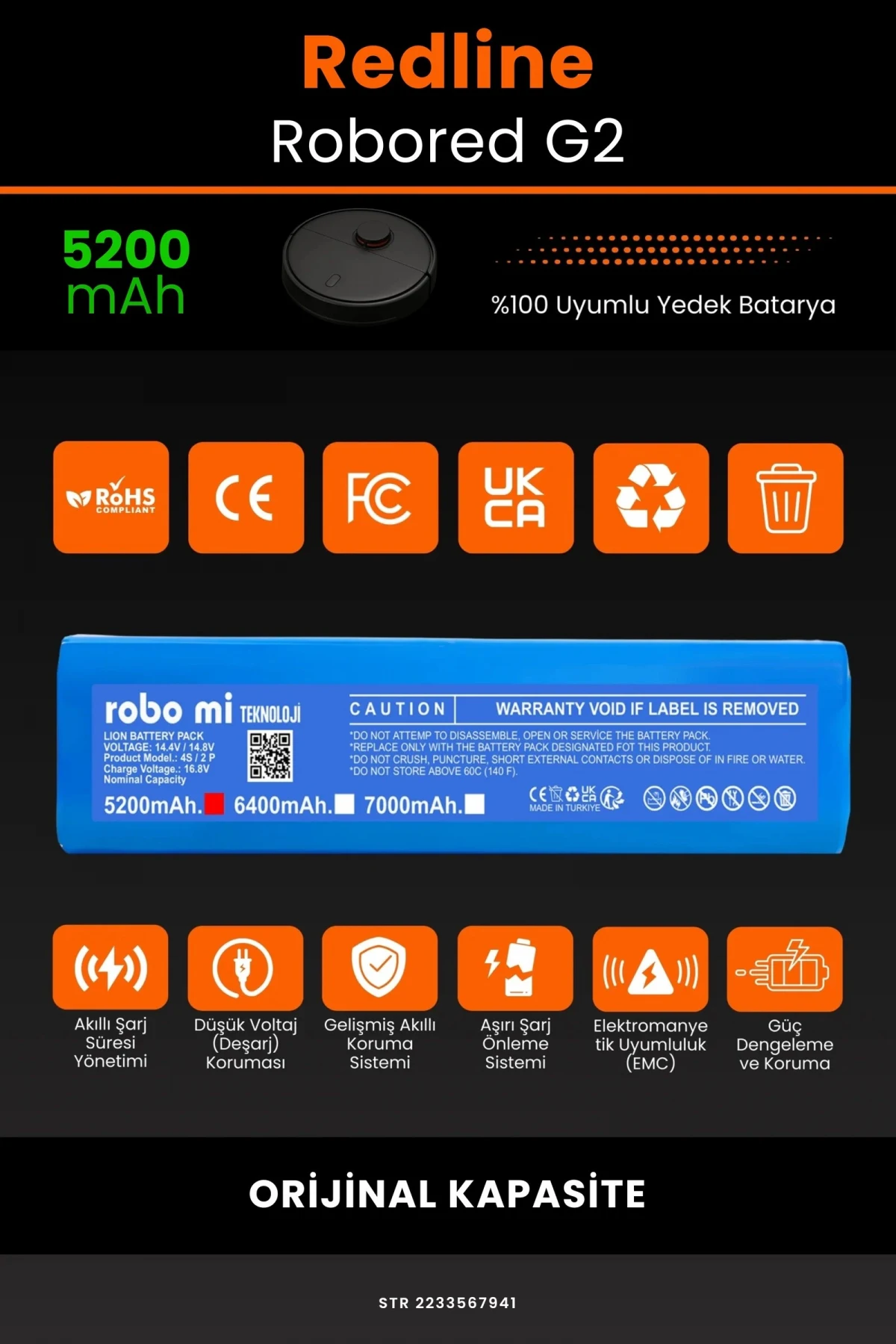 Redline Robored G2 5200mAh Robot Süpürge Bataryası - Gerçek Kapasite, Maksimum Güvenlik