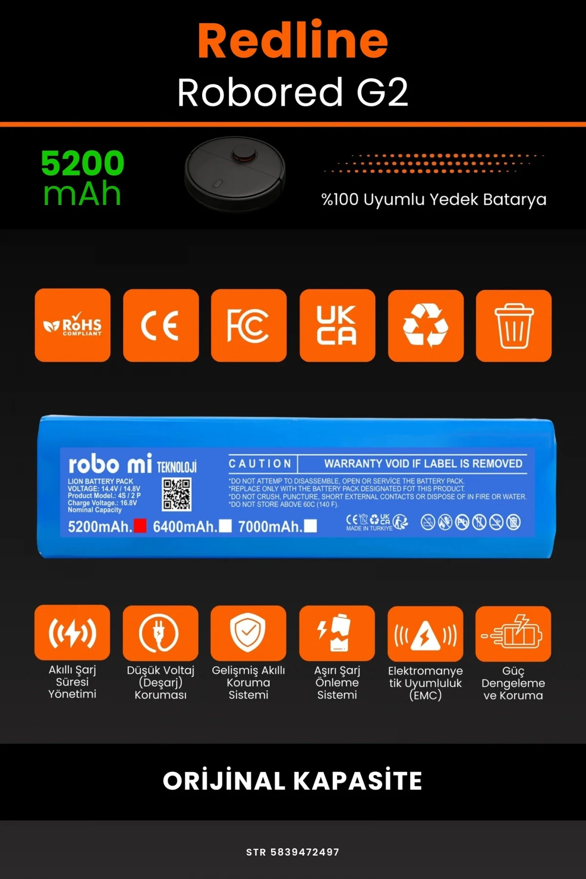 Redline Robored G2 5200mAh Robot Süpürge Bataryası - Gerçek Kapasite, Maksimum Güvenlik