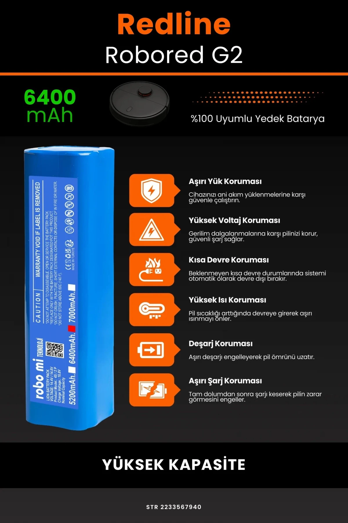 Redline Robored G2 6400mAh Robot Süpürge Bataryası - Gerçek Kapasite, Maksimum Güvenlik