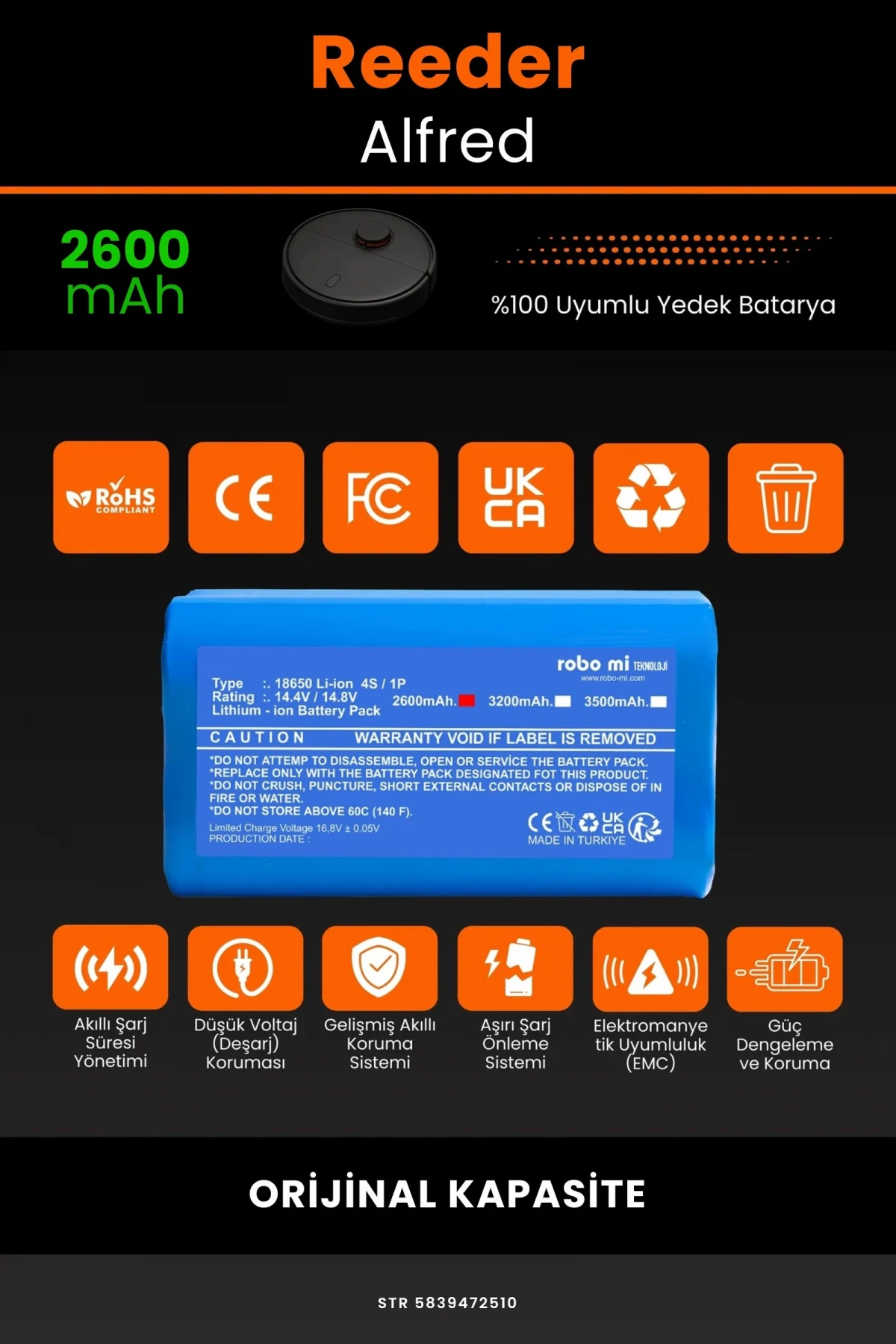 Reeder Alfred 2600mAh Robot Süpürge Bataryası - Yüksek Yoğunluklu Li-ion Hücre