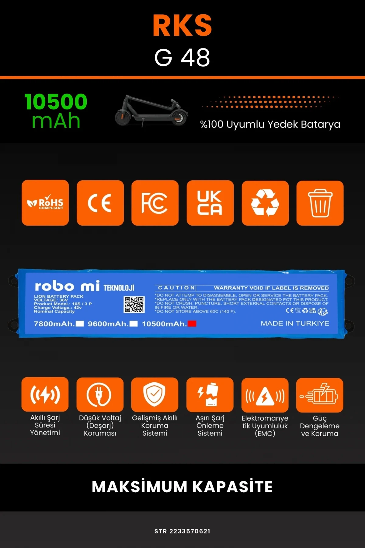 RKS G-48 / 36V 10500mAh Elektrikli Scooter Bataryası - Gerçek Kapasite, Maksimum Güvenlik