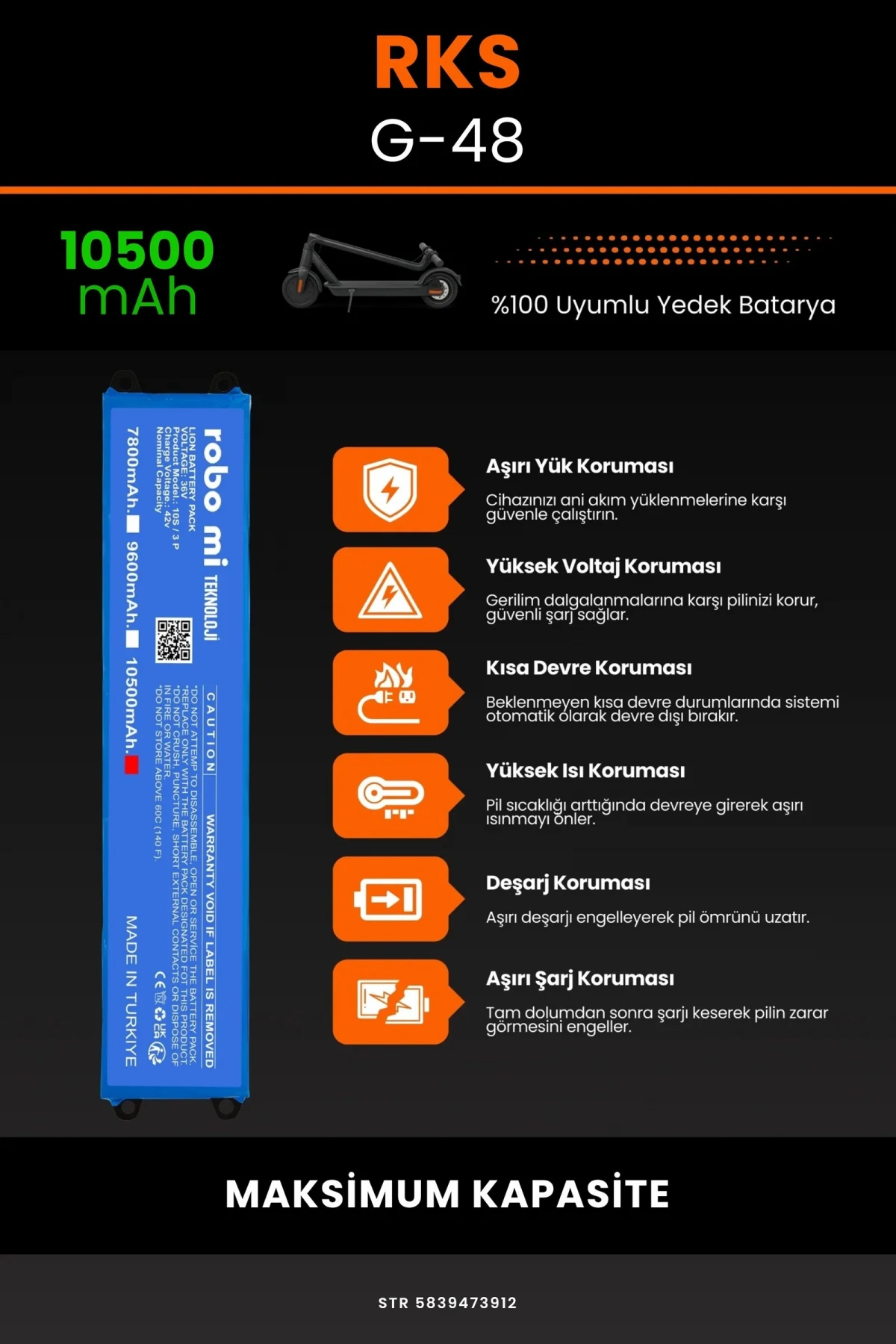 RKS G-48 / 36V 10500mAh Elektrikli Scooter Bataryası - Gerçek Kapasite, Maksimum Güvenlik