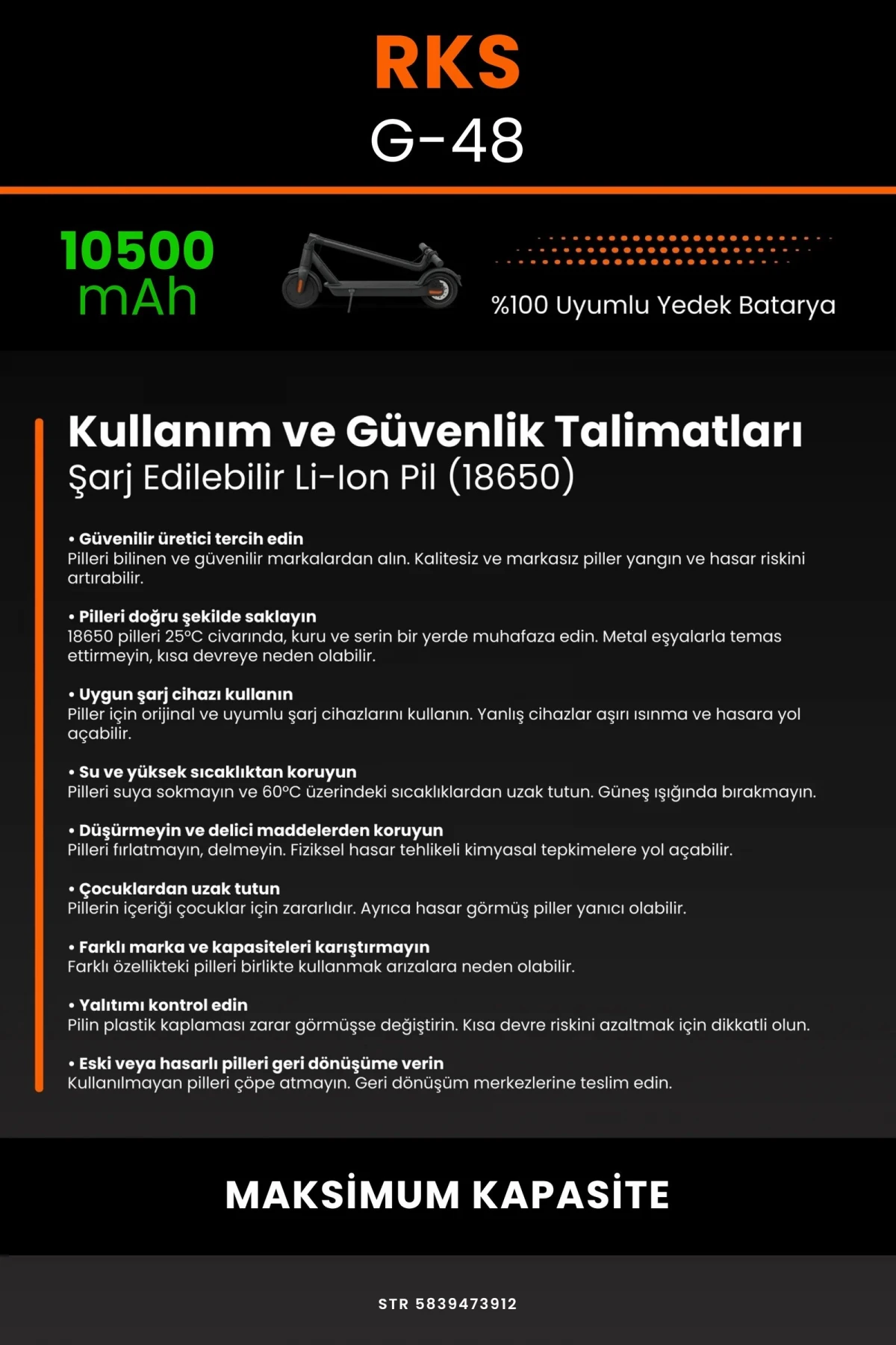 RKS G-48 / 36V 10500mAh Elektrikli Scooter Bataryası - Gerçek Kapasite, Maksimum Güvenlik