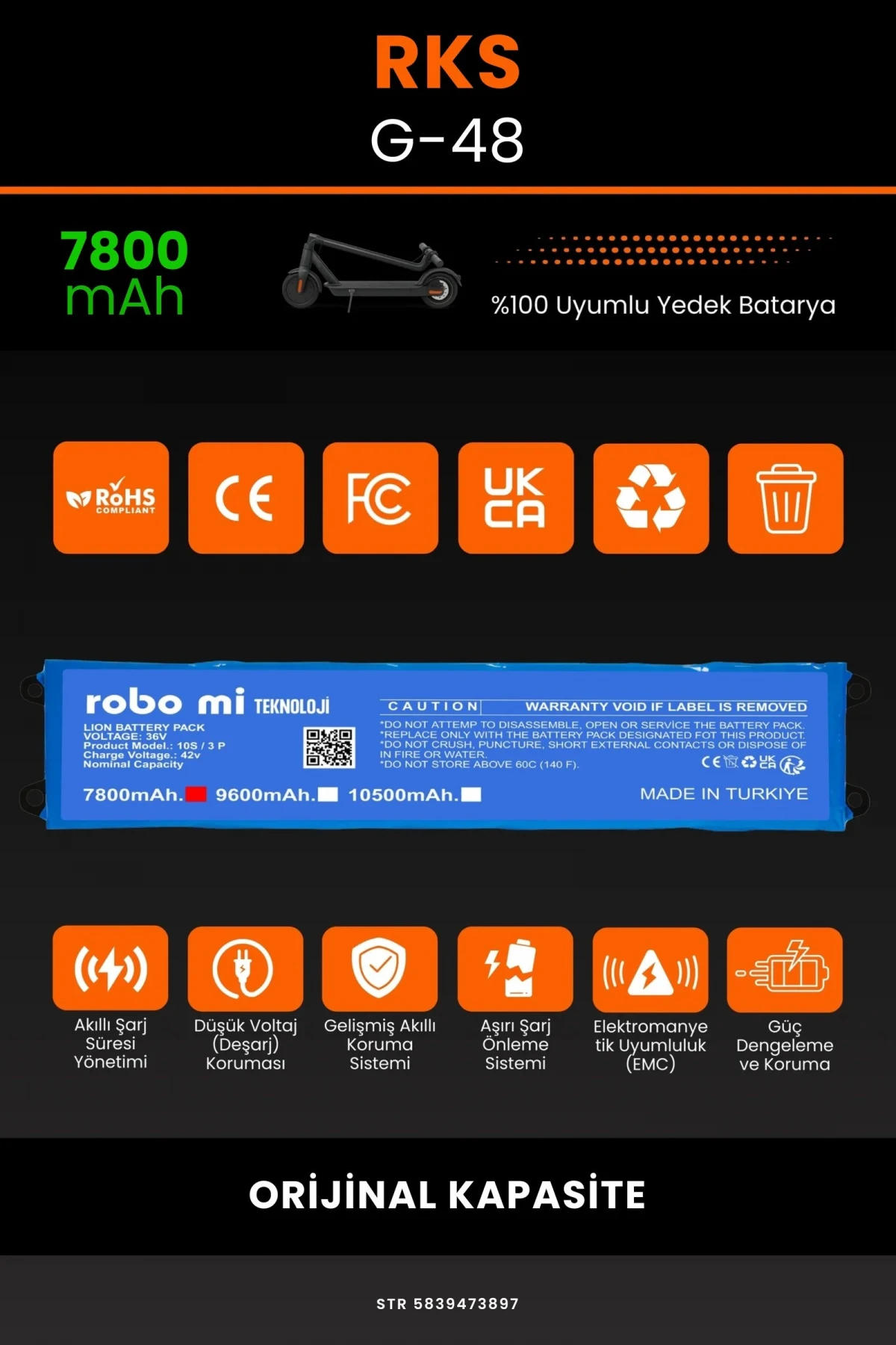 RKS G-48 / 36V 7800mAh Elektrikli Scooter Bataryası - Gerçek Kapasite, Maksimum Güvenlik