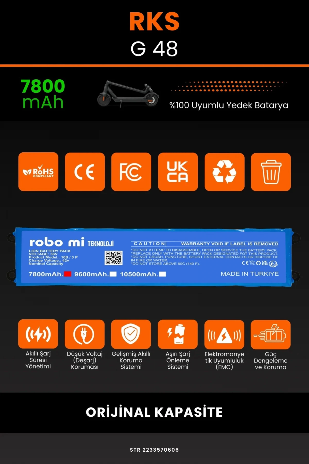 RKS G-48 / 36V 7800mAh Elektrikli Scooter Bataryası - Gerçek Kapasite, Maksimum Güvenlik