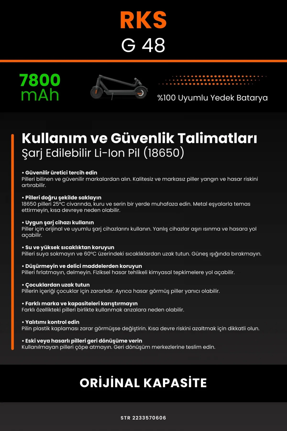 RKS G-48 / 36V 7800mAh Elektrikli Scooter Bataryası - Gerçek Kapasite, Maksimum Güvenlik
