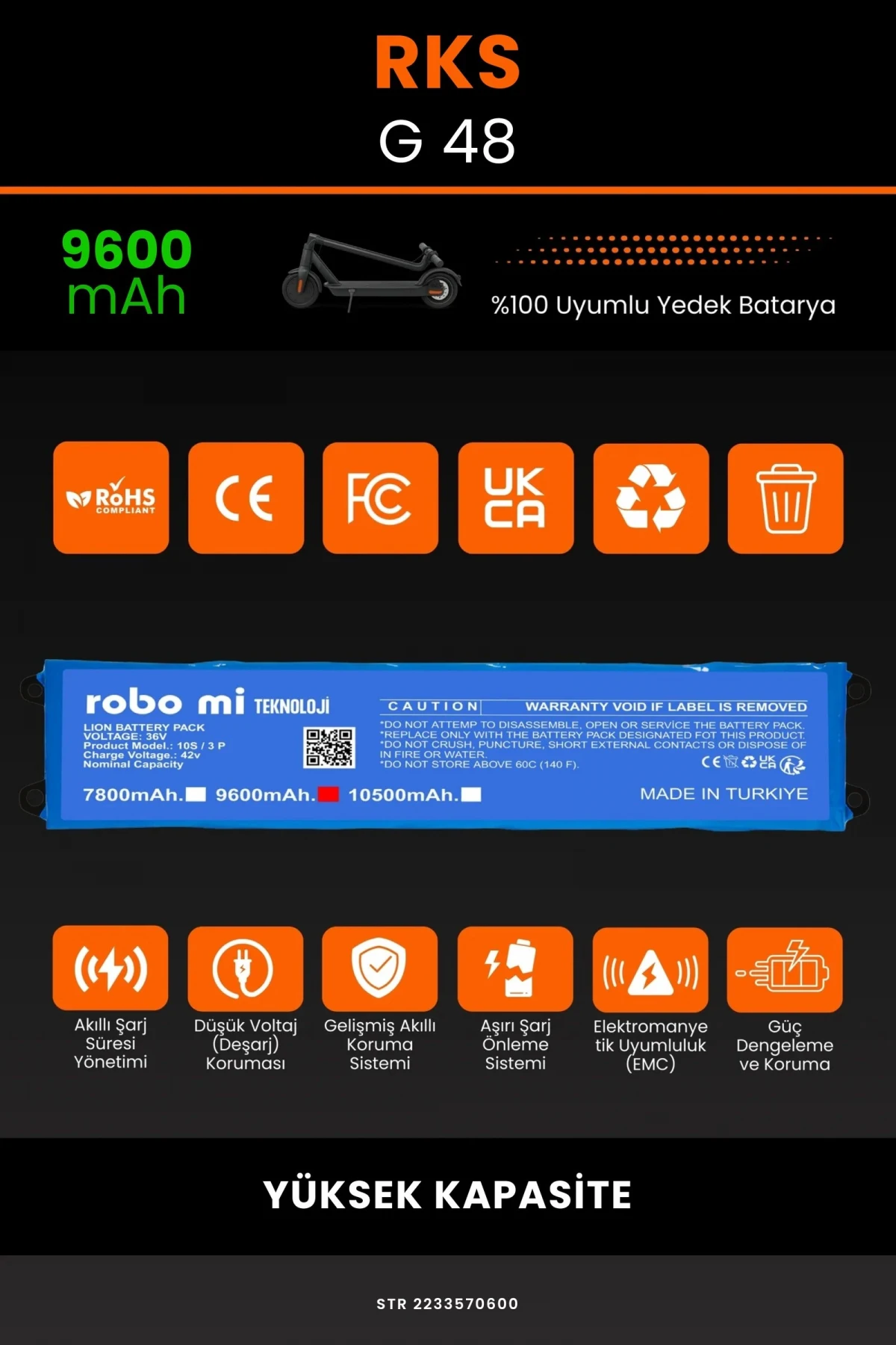 RKS G-48 / 36V 9600mAh Elektrikli Scooter Bataryası - Gerçek Kapasite, Maksimum Güvenlik