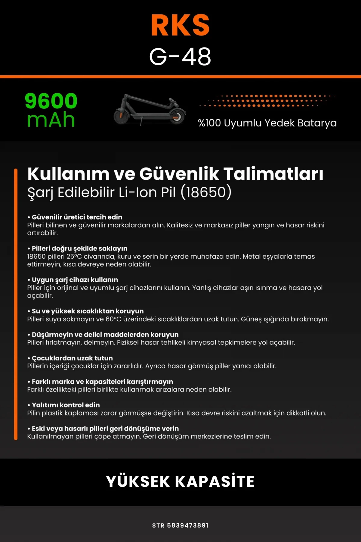 RKS G-48 / 36V 9600mAh Elektrikli Scooter Bataryası - Gerçek Kapasite, Maksimum Güvenlik