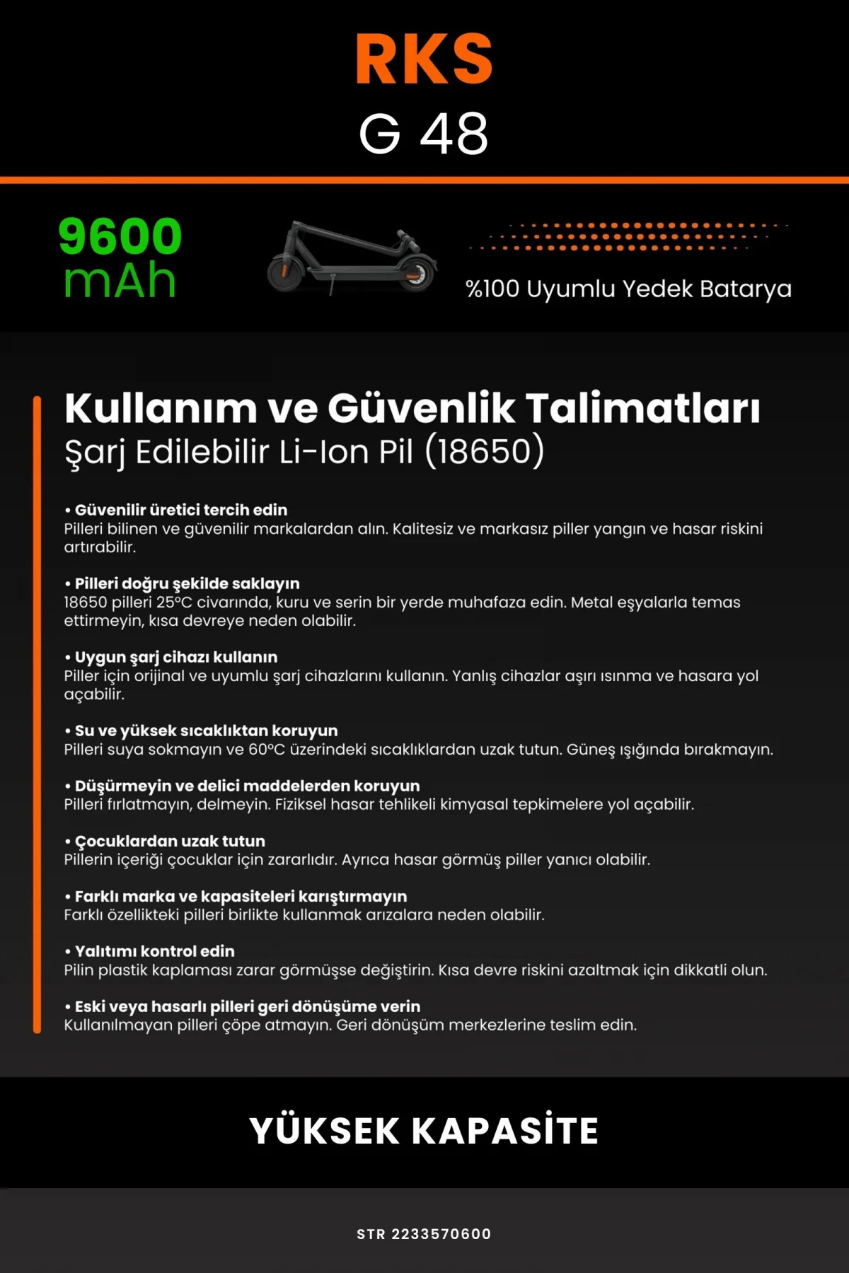 RKS G-48 / 36V 9600mAh Elektrikli Scooter Bataryası - Gerçek Kapasite, Maksimum Güvenlik