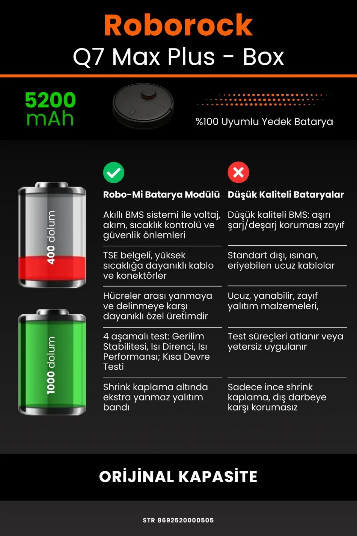 Roborock Q7 Max Plus 5200mAh Uyumlu Robot Süpürge Bataryası - Box - Orijinal Kapasite