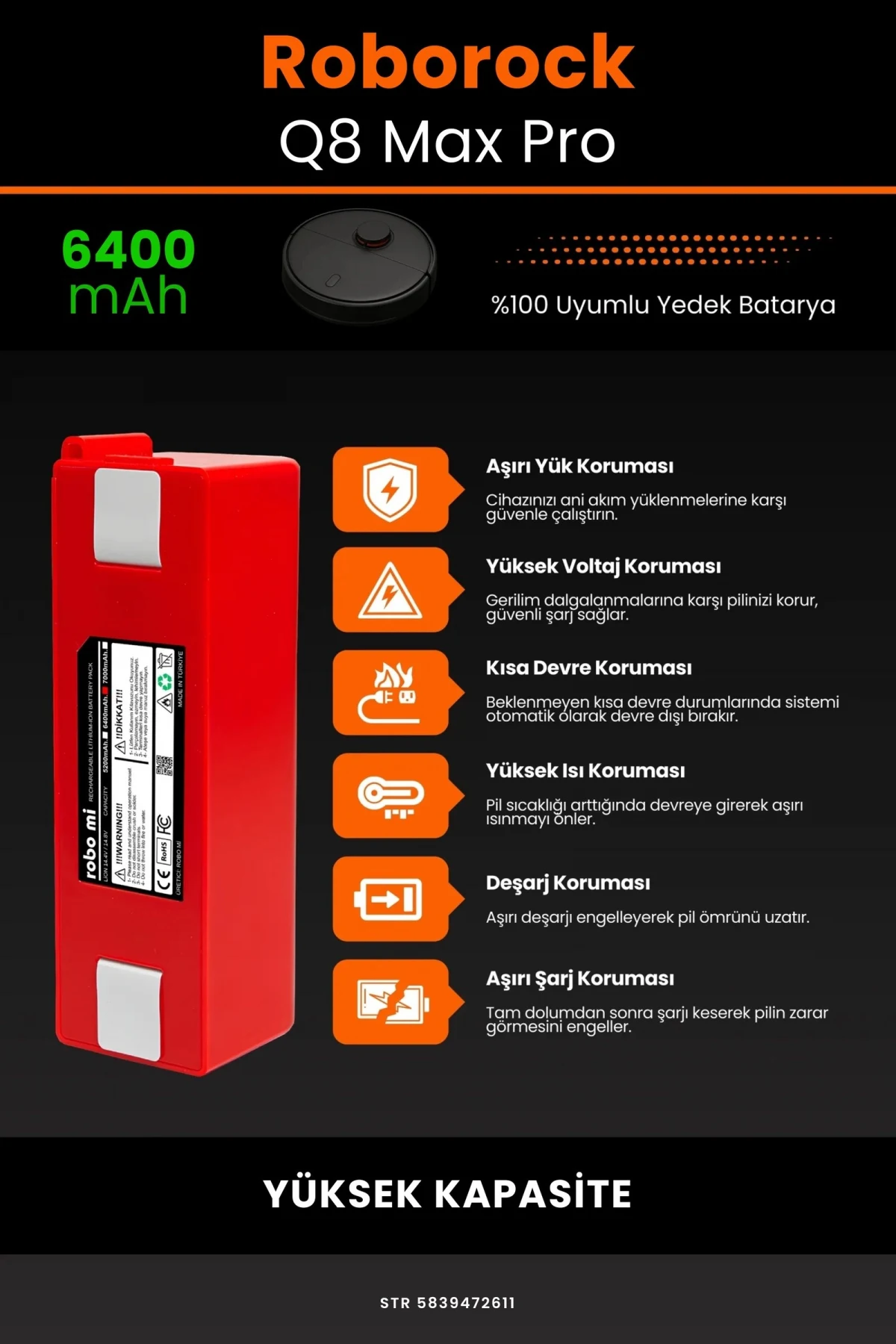 Roborock Q8 Max Pro Serisi 6400mAh Robot Süpürge Bataryası - Gerçek Kapasite, Maksimum Güvenlik