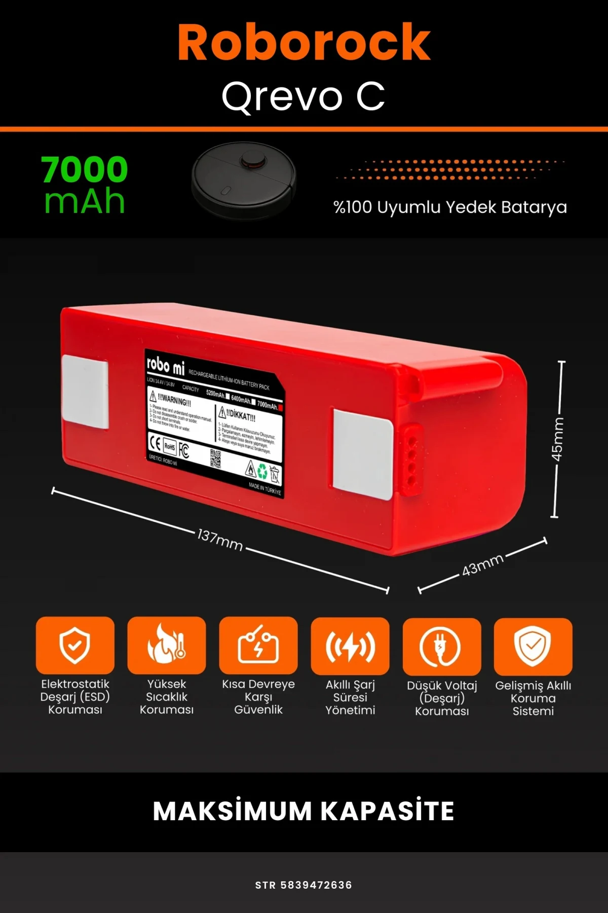 Roborock Qrevo C 7000mAh Robot Süpürge Bataryası - Gerçek Kapasite, Maksimum Güvenlik