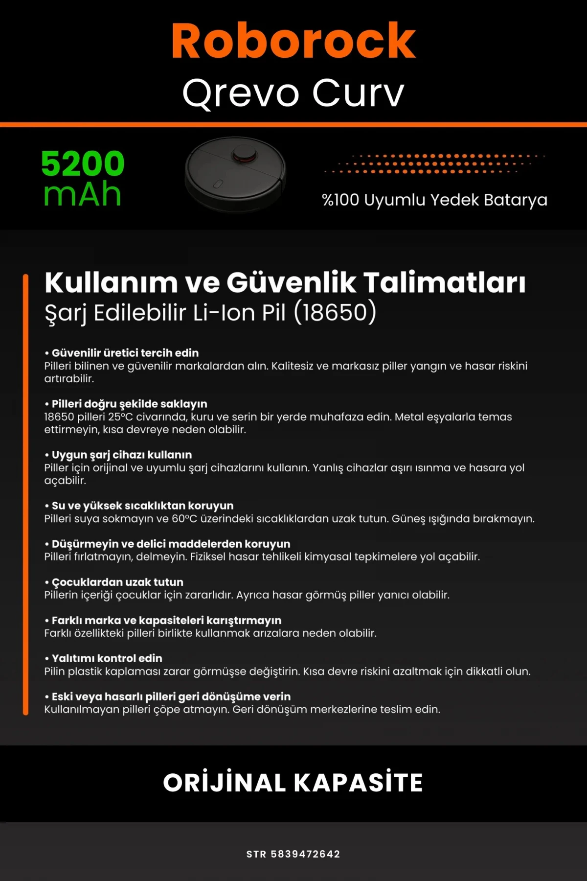 Roborock Qrevo Curv 5200mAh Robot Süpürge Bataryası - Gerçek Kapasite, Maksimum Güvenlik