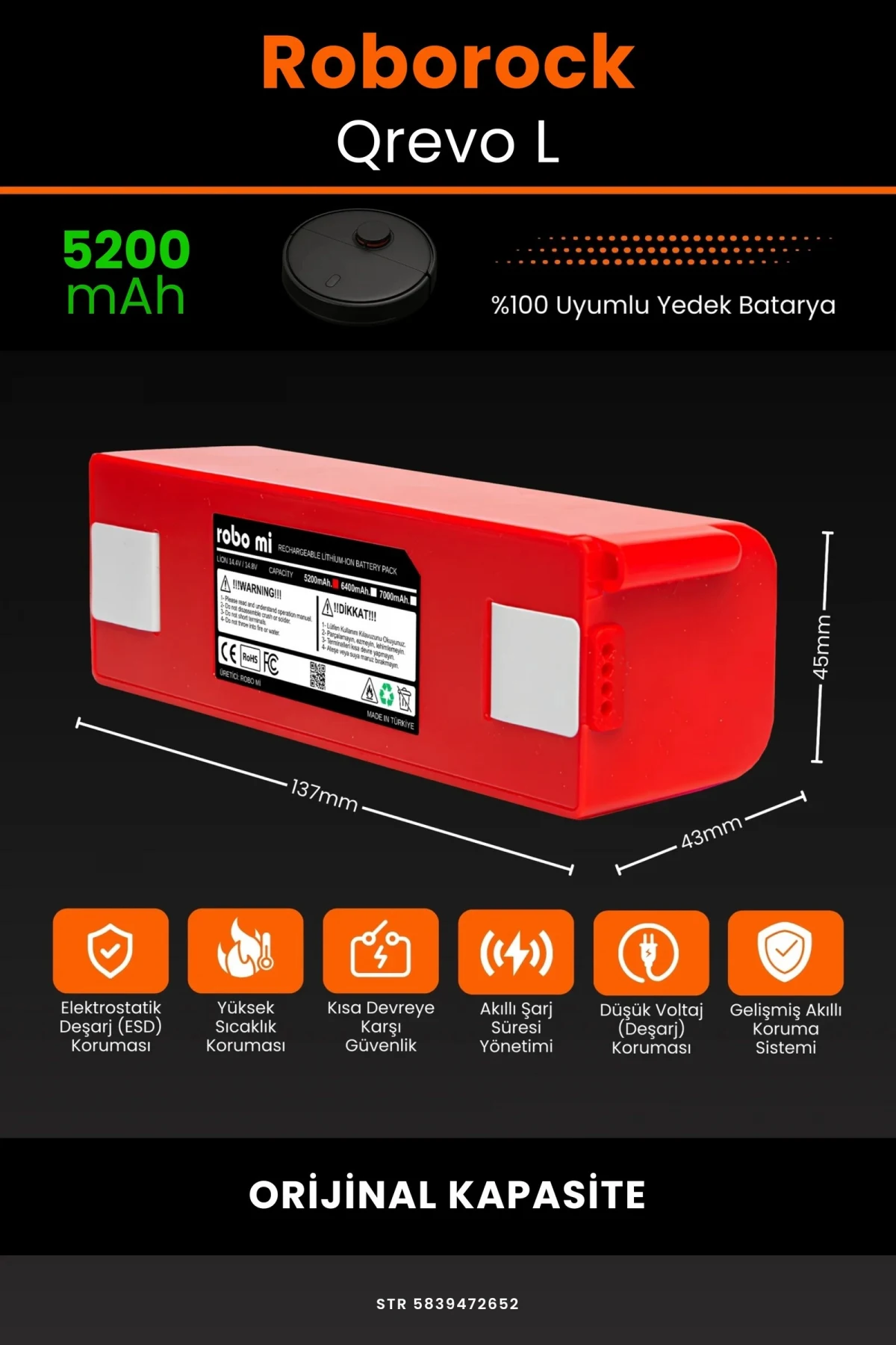 Roborock Qrevo L 5200mAh Robot Süpürge Bataryası - Gerçek Kapasite, Maksimum Güvenlik