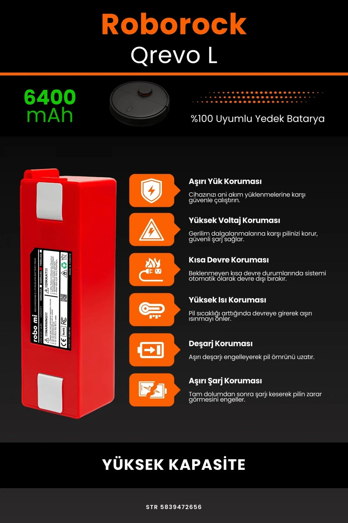 Roborock Qrevo L 6400mAh Robot Süpürge Bataryası - Gerçek Kapasite, Maksimum Güvenlik