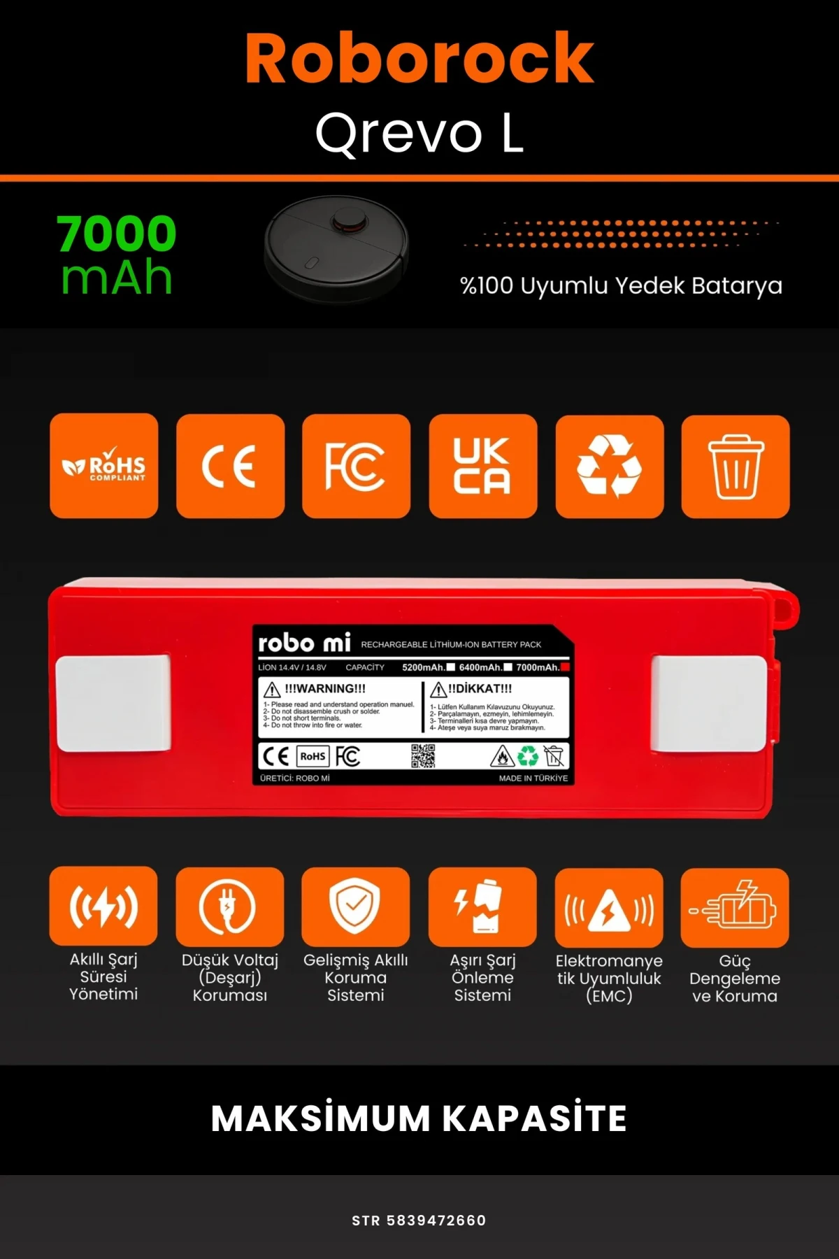 Roborock Qrevo L 7000mAh Robot Süpürge Bataryası - Gerçek Kapasite, Maksimum Güvenlik