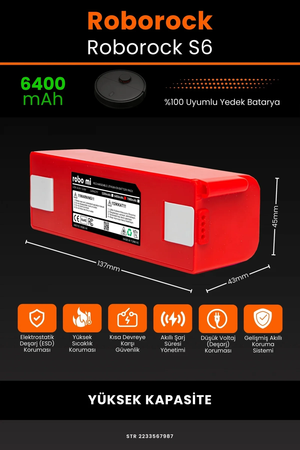Roborock Roborock S6 6400mAh Robot Süpürge Bataryası - Gerçek Kapasite, Maksimum Güvenlik