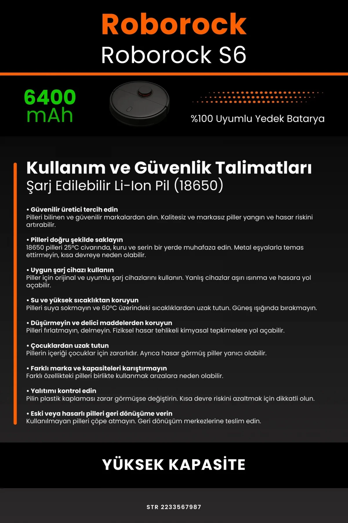 Roborock Roborock S6 6400mAh Robot Süpürge Bataryası - Gerçek Kapasite, Maksimum Güvenlik