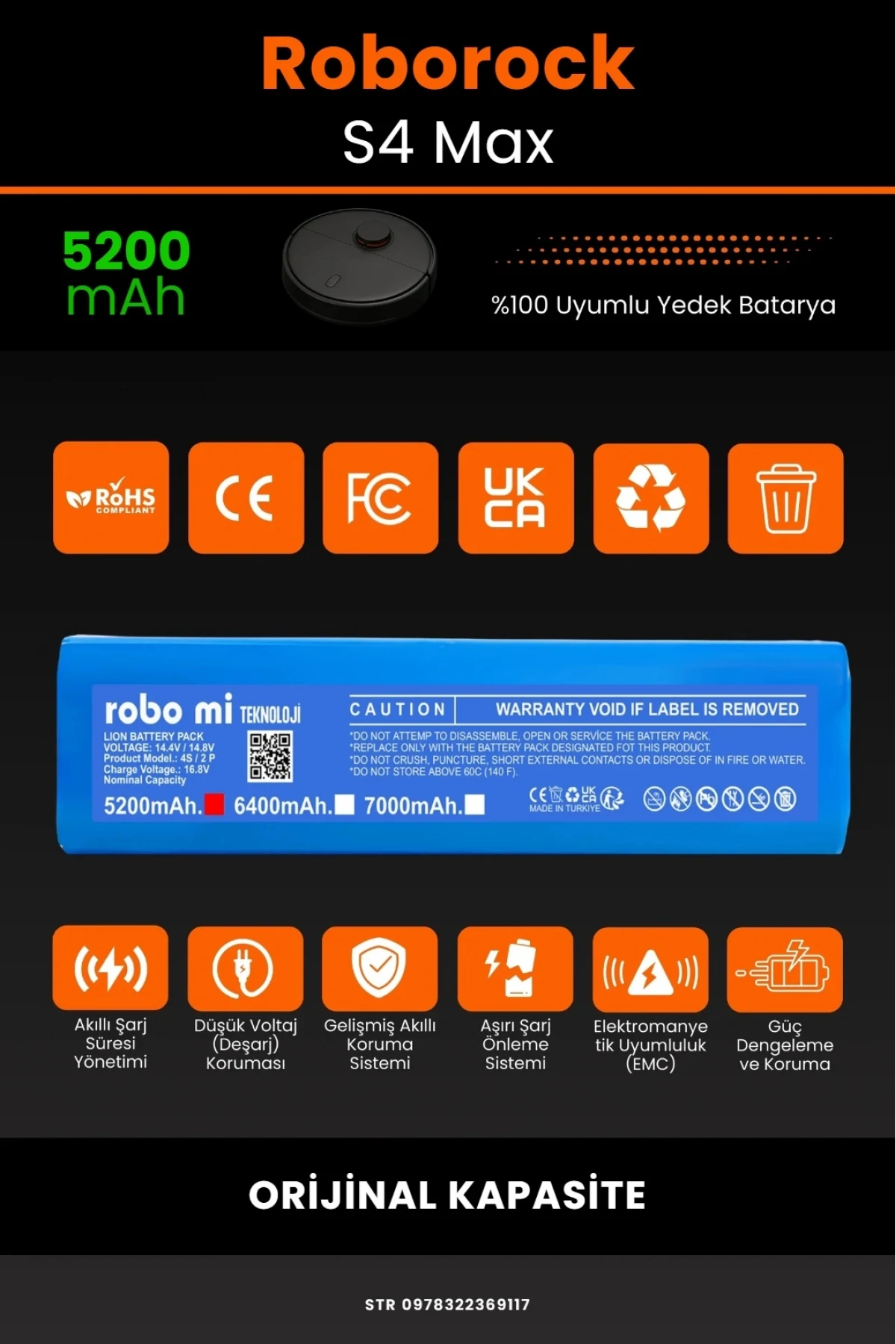Roborock S4 Max Uyumlu 5200mAh Robot Süpürge Bataryası - Kutusuz Model - Orijinal Kapasite